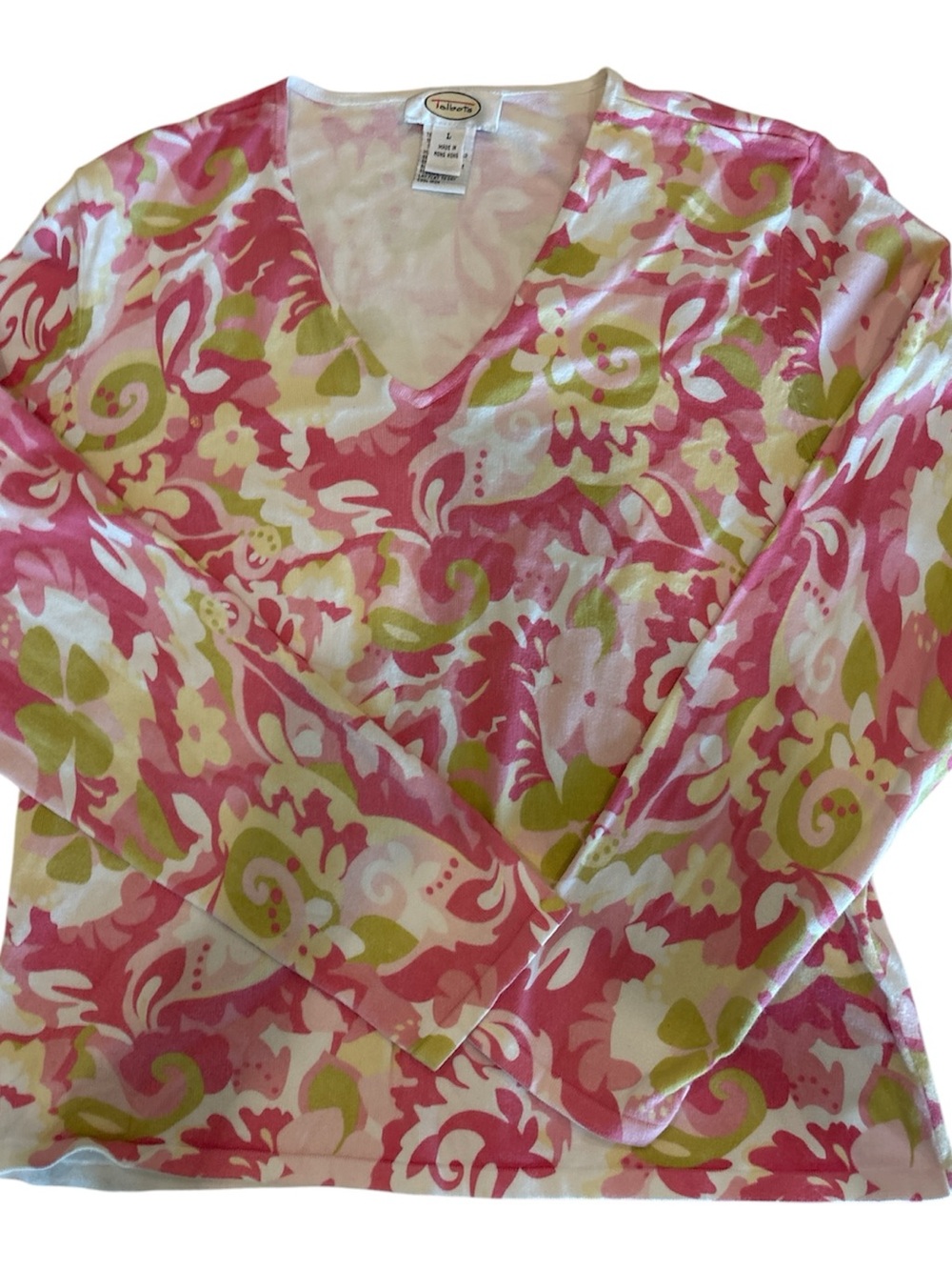 Talbots Pink & Green Floral V-Neck Long Sleeve Top Large